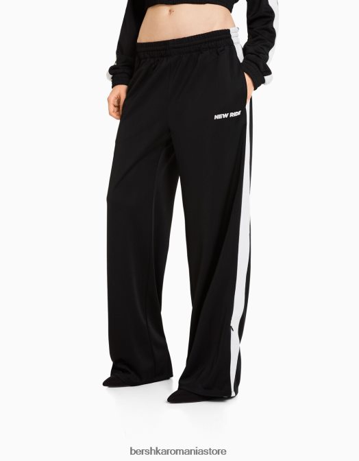 Bershka femei pantaloni drepti cu bandă laterală negru Z86D1434 îmbrăcăminte