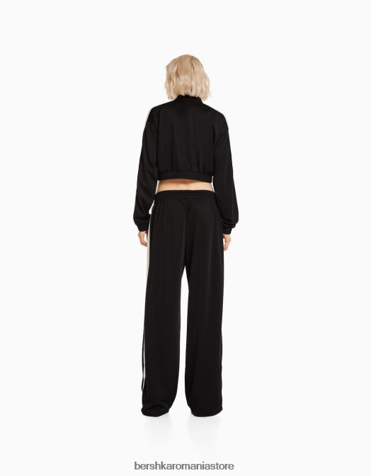 Bershka femei pantaloni drepti cu bandă laterală negru Z86D1434 îmbrăcăminte