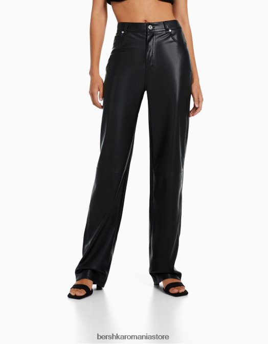 Bershka femei pantaloni drepti din imitație de piele negru Z86D1447 îmbrăcăminte