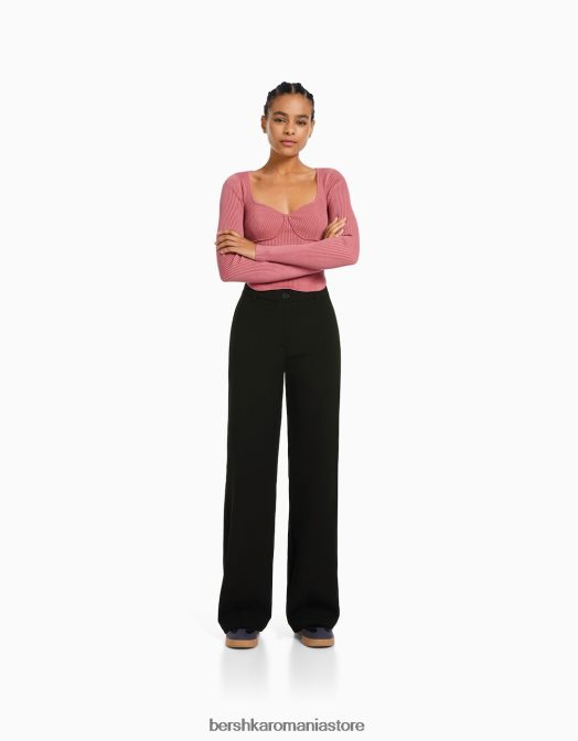 Bershka femei pantaloni largi cu bucle pentru curea negru Z86D1413 îmbrăcăminte