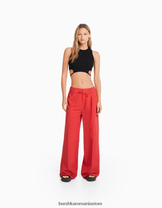 Bershka femei pantaloni largi din amestec de in coral Z86D1417 îmbrăcăminte