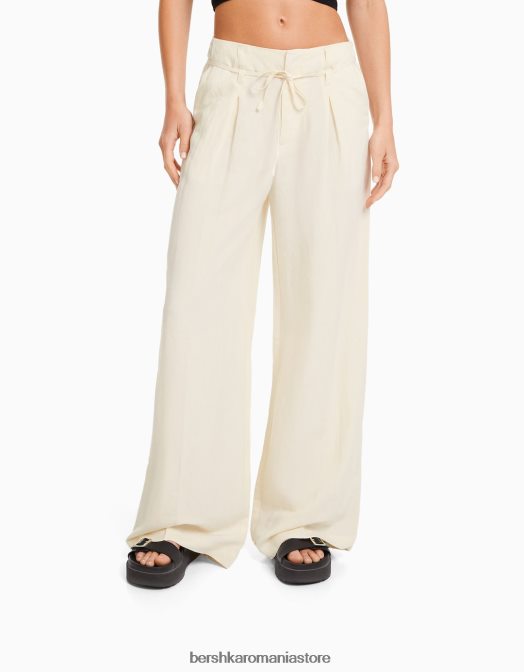 Bershka femei pantaloni largi din amestec de in cremă Z86D1418 îmbrăcăminte