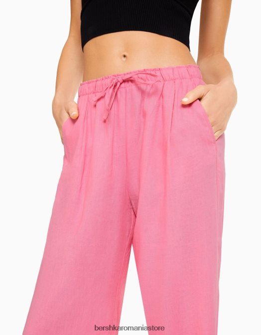 Bershka femei pantaloni largi din amestec de in, cu talie strânsă roz Z86D1456 îmbrăcăminte