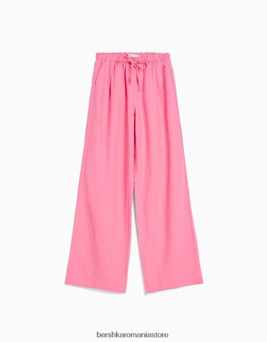 Bershka femei pantaloni largi din amestec de in, cu talie strânsă roz Z86D1456 îmbrăcăminte