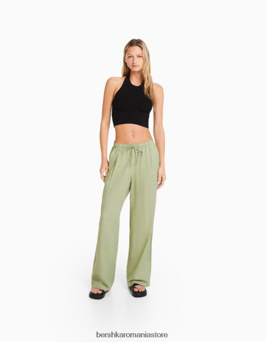 Bershka femei pantaloni largi din amestec de in, cu talie strânsă verde Z86D1457 îmbrăcăminte