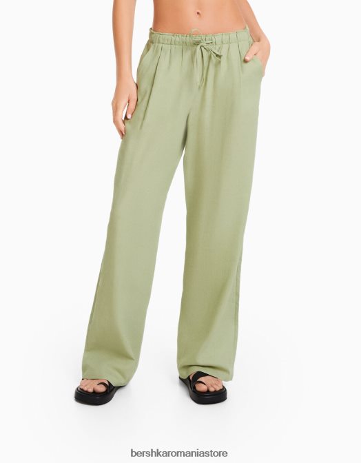 Bershka femei pantaloni largi din amestec de in, cu talie strânsă verde Z86D1457 îmbrăcăminte