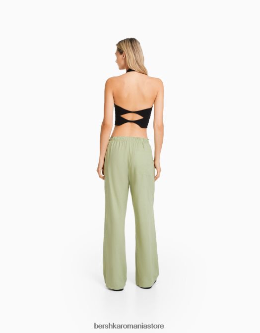 Bershka femei pantaloni largi din amestec de in, cu talie strânsă verde Z86D1457 îmbrăcăminte