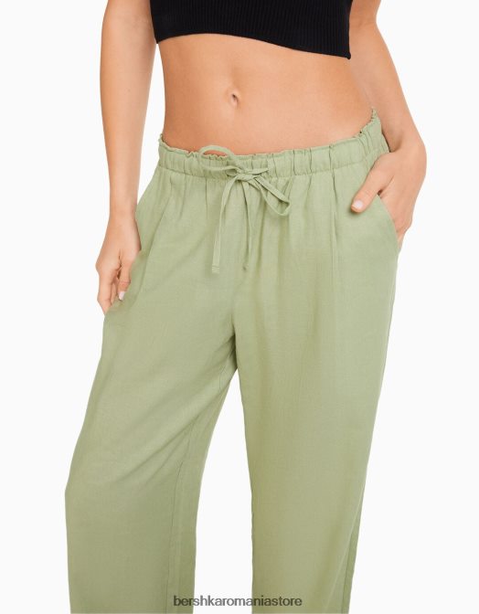 Bershka femei pantaloni largi din amestec de in, cu talie strânsă verde Z86D1457 îmbrăcăminte