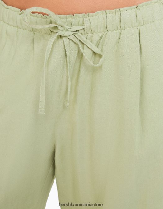 Bershka femei pantaloni largi din amestec de in, cu talie strânsă verde Z86D1457 îmbrăcăminte