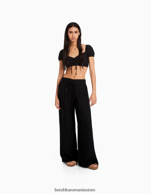 Bershka femei pantaloni largi din amestec de in negru Z86D1461 îmbrăcăminte