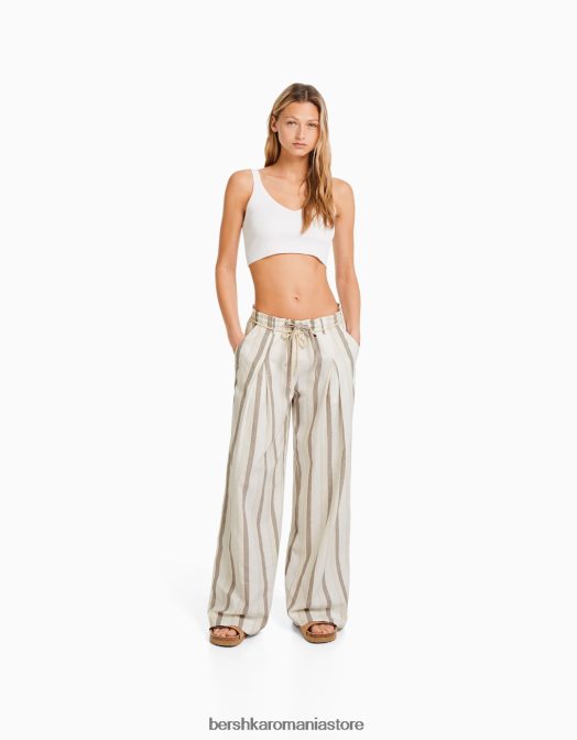 Bershka femei pantaloni rustic cu dungi paperbag cu șnur nisip Z86D1427 îmbrăcăminte