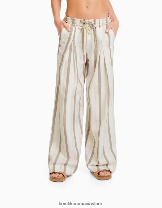 Bershka femei pantaloni rustic cu dungi paperbag cu șnur nisip Z86D1427 îmbrăcăminte