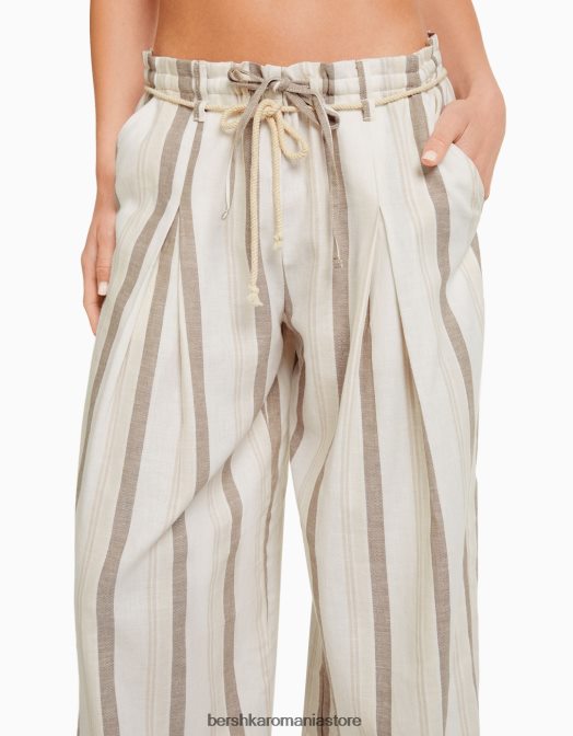 Bershka femei pantaloni rustic cu dungi paperbag cu șnur nisip Z86D1427 îmbrăcăminte