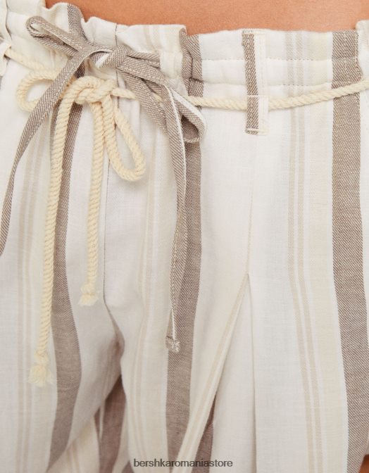 Bershka femei pantaloni rustic cu dungi paperbag cu șnur nisip Z86D1427 îmbrăcăminte
