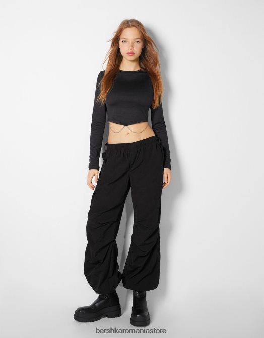 Bershka femei pantaloni de jogging cu parașuta din nailon negru Z86D1313 îmbrăcăminte