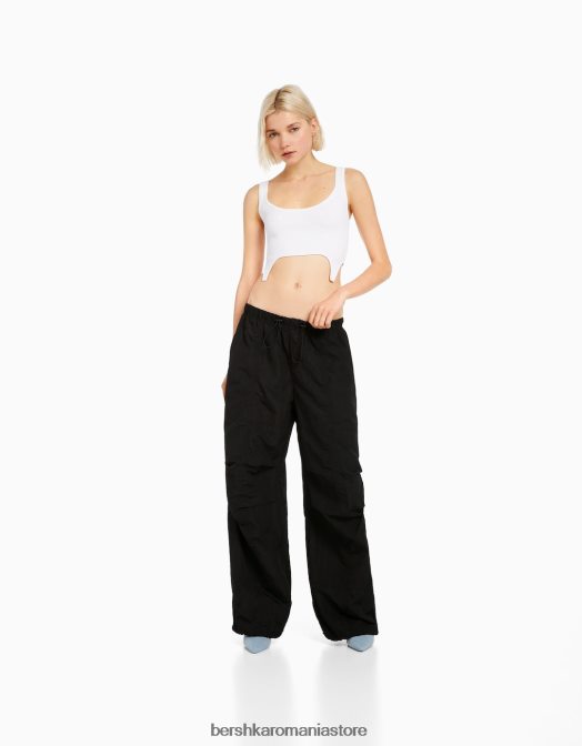Bershka femei pantaloni de nailon cu parașuta negru Z86D1331 îmbrăcăminte