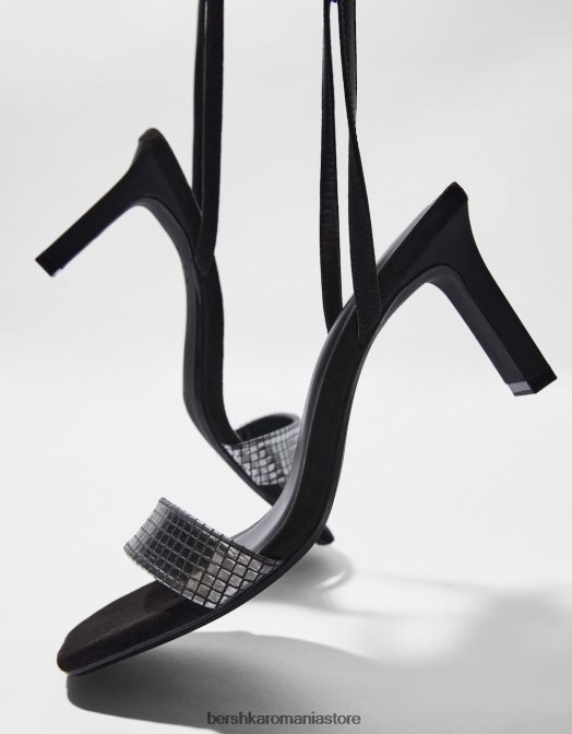 Bershka femei Sandale cu toc, cu cureaua la gleznă și vamp metalic negru Z86D2194 încălţăminte