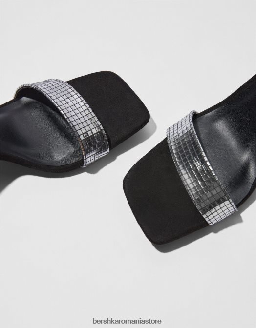 Bershka femei Sandale cu toc, cu cureaua la gleznă și vamp metalic negru Z86D2194 încălţăminte