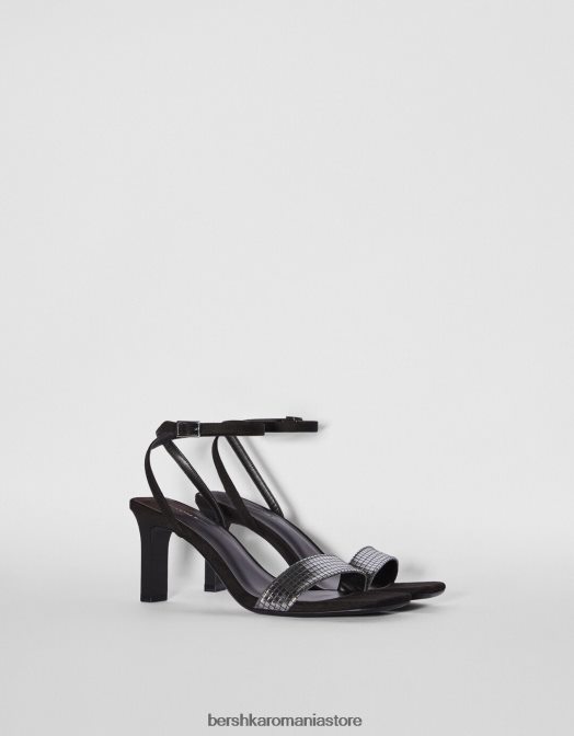 Bershka femei Sandale cu toc, cu cureaua la gleznă și vamp metalic negru Z86D2197 încălţăminte