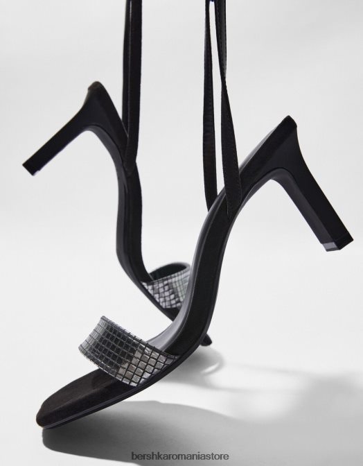 Bershka femei Sandale cu toc, cu cureaua la gleznă și vamp metalic negru Z86D2197 încălţăminte