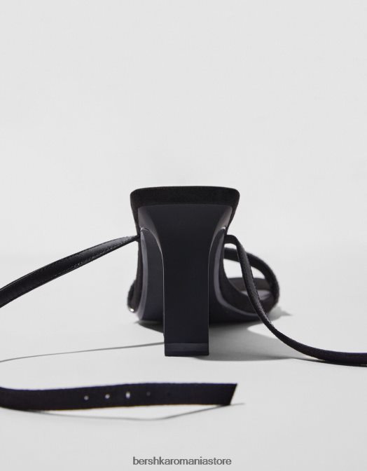 Bershka femei Sandale cu toc, cu cureaua la gleznă și vamp metalic negru Z86D2197 încălţăminte