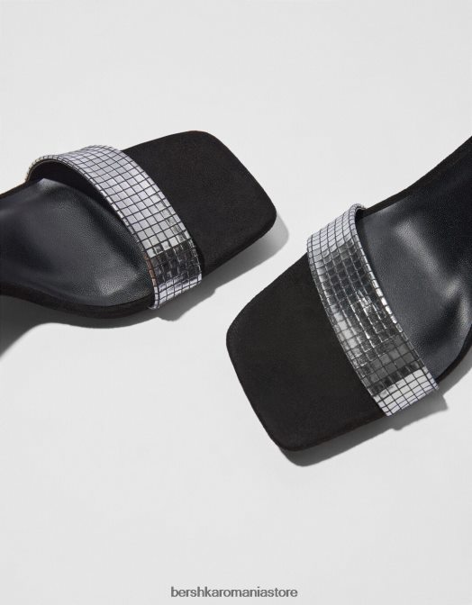 Bershka femei Sandale cu toc, cu cureaua la gleznă și vamp metalic negru Z86D2197 încălţăminte