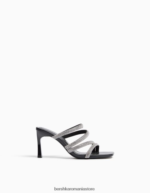 Bershka femei sandale cu toc inalt cu bretele din strass negru Z86D2139 încălţăminte