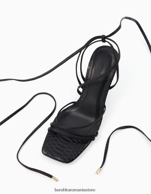 Bershka femei sandale cu toc înalt cu imprimeu animal cu șireturi negru Z86D1836 încălţăminte