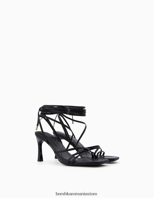 Bershka femei sandale cu toc înalt cu imprimeu animal cu șireturi negru Z86D2175 încălţăminte