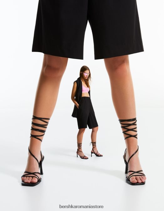 Bershka femei sandale cu toc înalt cu imprimeu animal cu șireturi negru Z86D2175 încălţăminte