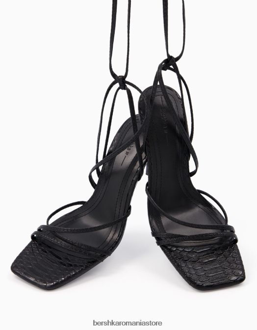 Bershka femei sandale cu toc înalt cu imprimeu animal cu șireturi negru Z86D2175 încălţăminte