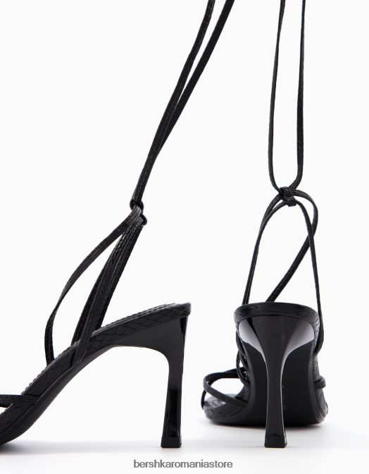 Bershka femei sandale cu toc înalt cu imprimeu animal cu șireturi negru Z86D2175 încălţăminte
