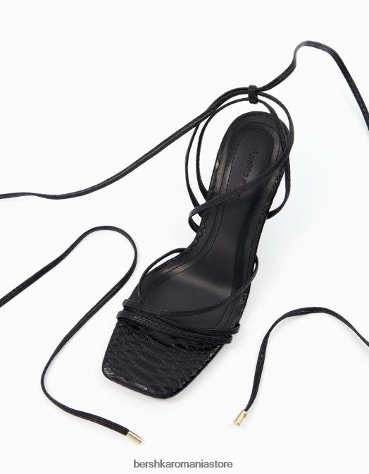 Bershka femei sandale cu toc înalt cu imprimeu animal cu șireturi negru Z86D2175 încălţăminte