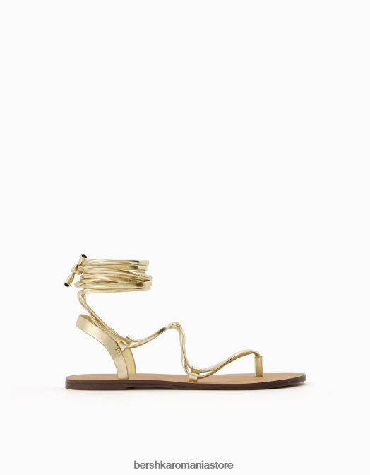 Bershka femei sandale metalice plate cu dantelă aur Z86D2241 încălţăminte