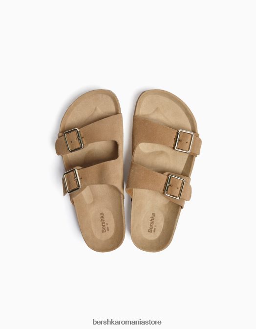 Bershka femei sandale plate cu catarame din piele nisip Z86D1881 încălţăminte