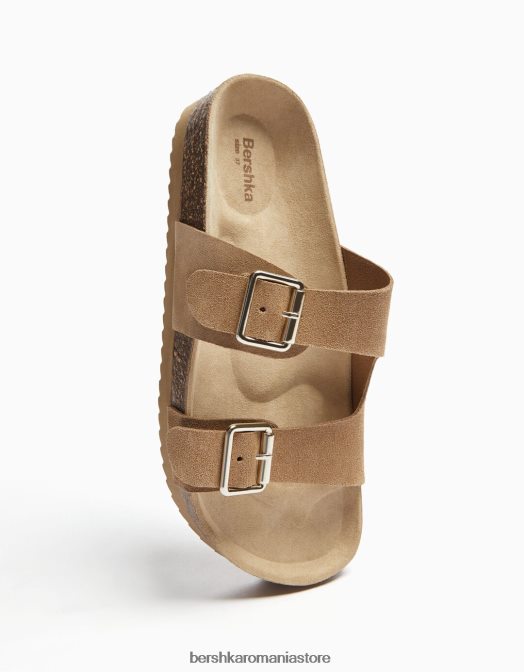 Bershka femei sandale plate cu catarame din piele nisip Z86D2226 încălţăminte