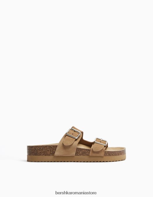 Bershka femei sandale plate cu catarame din piele nisip Z86D2226 încălţăminte