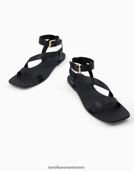 Bershka femei sandale plate cu curea la gleznă negru Z86D2214 încălţăminte