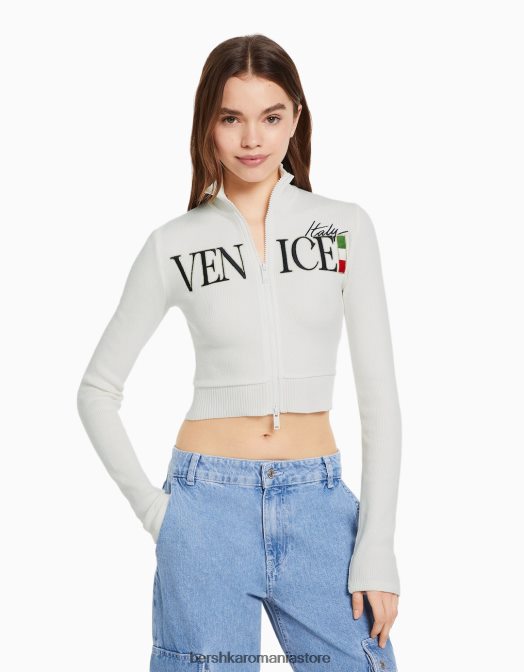 Bershka femei cardigan brodat cu maneca lunga si fermoar cremă Z86D1080 îmbrăcăminte