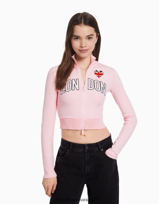 Bershka femei cardigan brodat cu maneca lunga si fermoar roz Z86D1079 îmbrăcăminte