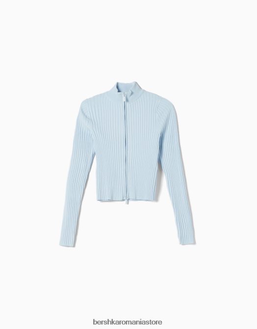 Bershka femei cardigan cu gât înalt cu nervură și detaliu cu fermoar albastru Z86D1050 îmbrăcăminte