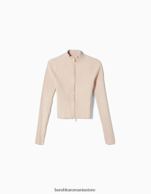 Bershka femei cardigan cu gât înalt cu nervură și detaliu cu fermoar nisip Z86D1049 îmbrăcăminte
