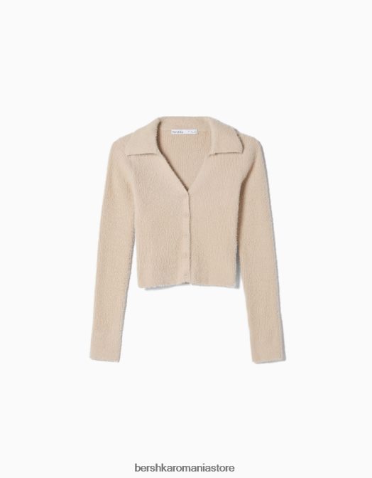 Bershka femei cardigan cu guler polo cu nasturi nisip Z86D1089 îmbrăcăminte