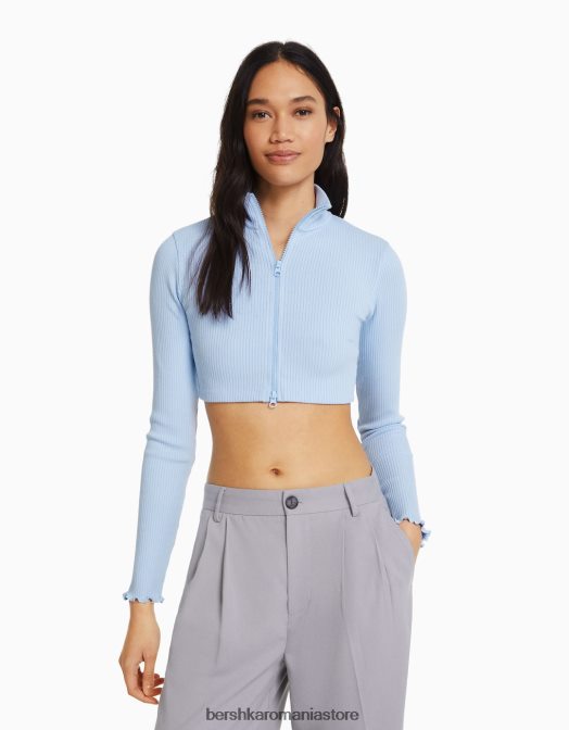 Bershka femei cardigan decupat cu gât înalt, cu fermoar albastru deschis Z86D1032 îmbrăcăminte