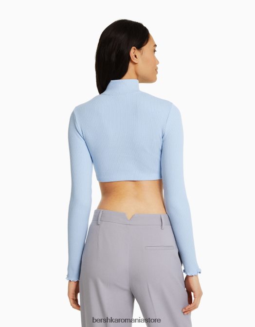 Bershka femei cardigan decupat cu gât înalt, cu fermoar albastru deschis Z86D1032 îmbrăcăminte