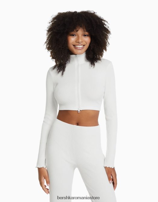 Bershka femei cardigan decupat cu gât înalt, cu fermoar aproape alb Z86D962 îmbrăcăminte