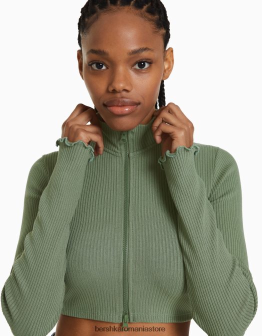 Bershka femei cardigan decupat cu gât înalt, cu fermoar kaki Z86D960 îmbrăcăminte