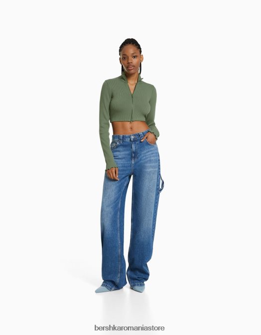 Bershka femei cardigan decupat cu gât înalt, cu fermoar kaki Z86D960 îmbrăcăminte