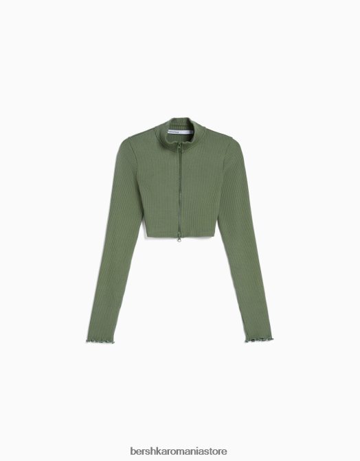 Bershka femei cardigan decupat cu gât înalt, cu fermoar kaki Z86D960 îmbrăcăminte