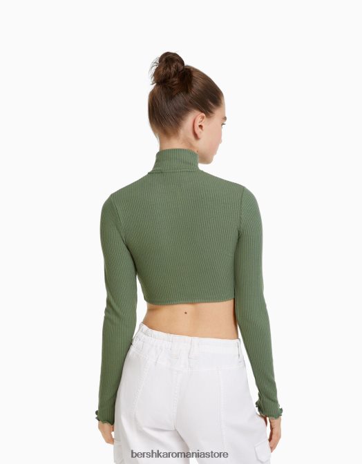 Bershka femei cardigan decupat cu gât înalt, cu fermoar kaki Z86D961 îmbrăcăminte